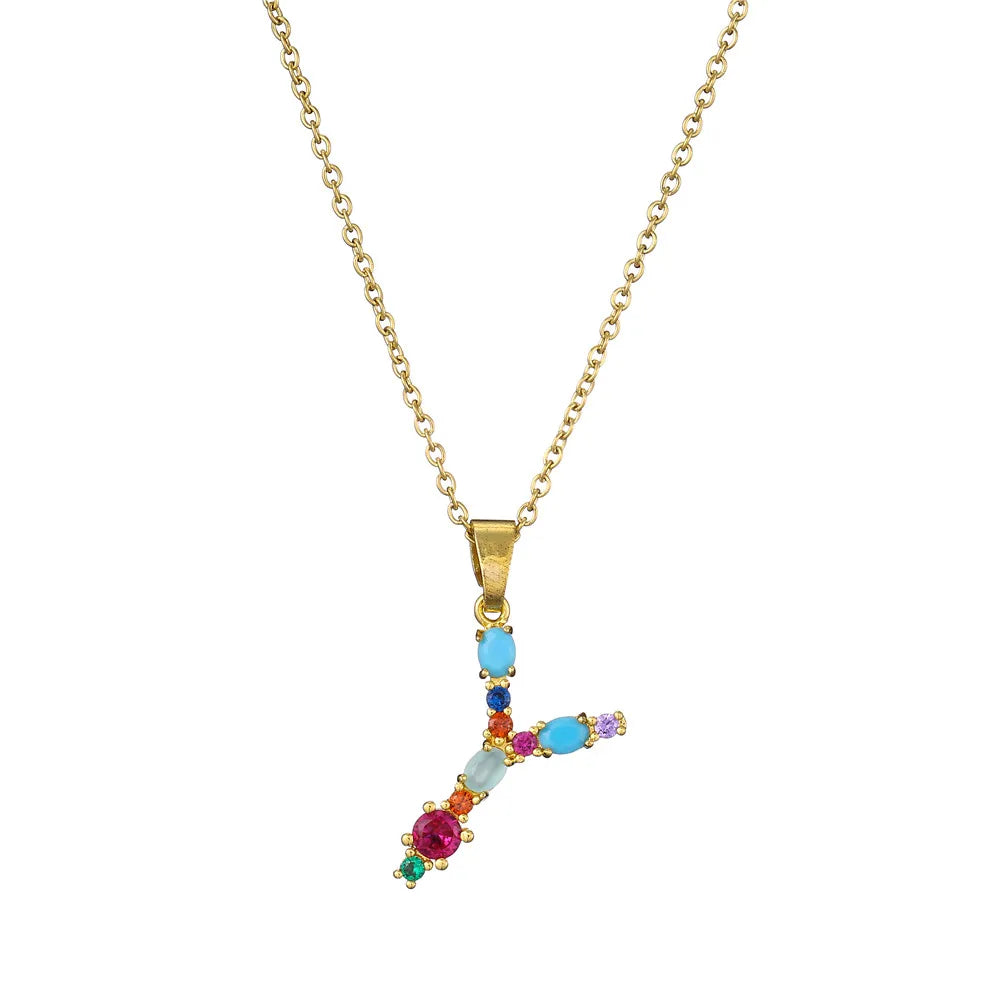 2024 New Hot Colourful Crystal AAA CZ 26 Capital Letters Pendant Necklace For Women Girl Gold Color Copper Initial Name Jewelry Vera Lux