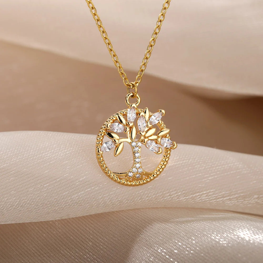 Zircon Tree of Life Round Pendant Necklaces For Women Stainless Steel Chain Choker Rhinestone Collar Jewelry Gift Femme Vera Lux