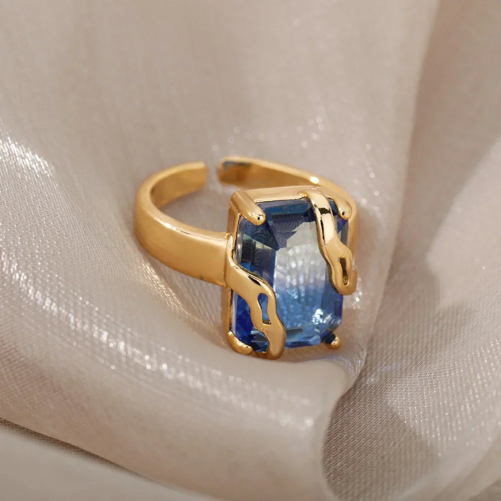 Minimalist Zircon Blue Crystal Stone Rings For Women Stainless Steel Cubic Zirconia Square Geometry Ring Party Jewelry Gift Vera Lux