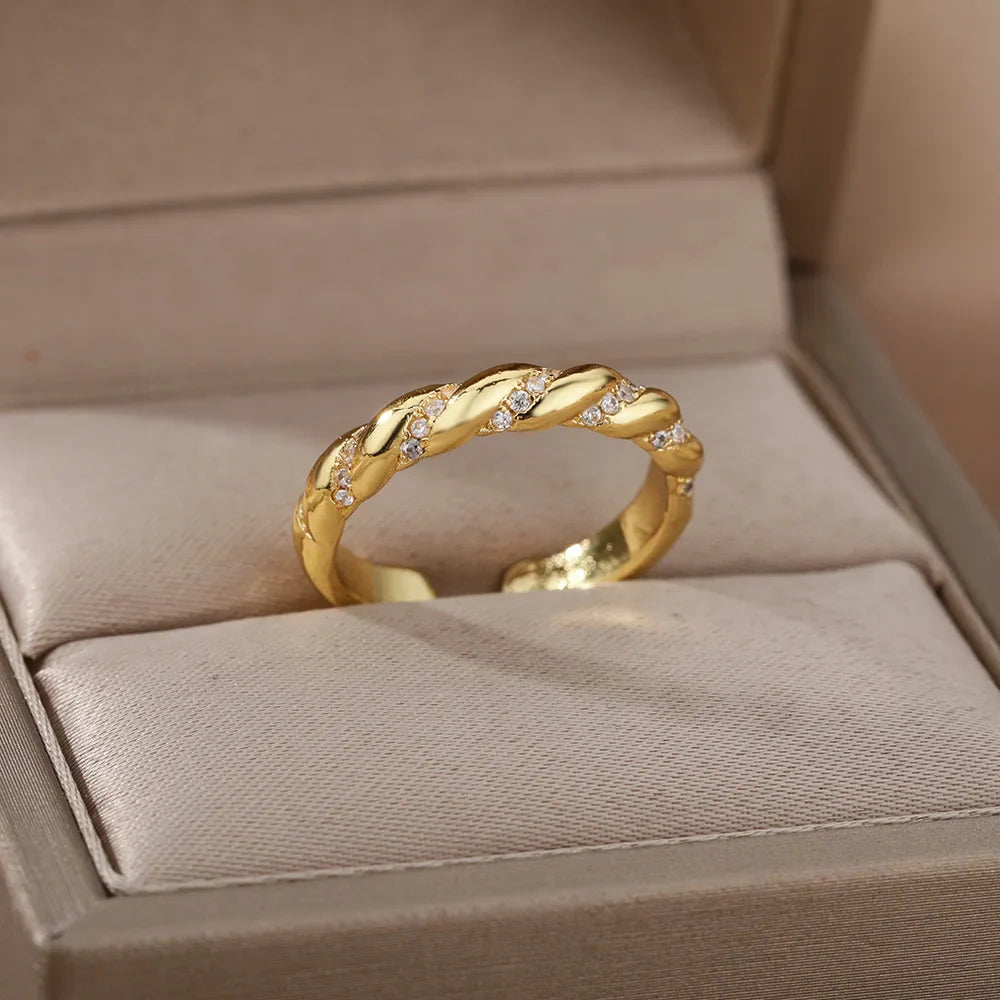 Zircon Twisted Rings For Women Punk Stainless Steel Gold Color Open Ring Geometric Finger Ring Hip Hop Charm Jewelry Gift Vera Lux