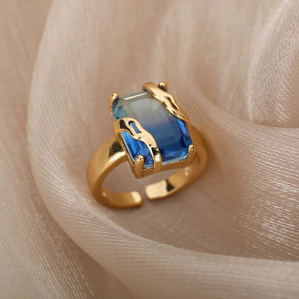 Cubic Zircon Blue Square Stone Rings For Women Stainless Steel Square Stone Finger Ring Party Aesthetic Valentine Jewelry Gift Vera Lux
