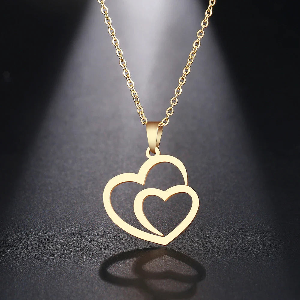 DOTIFI Stainless Steel Necklace For Women Man Hollow Double Heart Choker Pendant Charms Necklace Engagement Jewelry Vera Lux