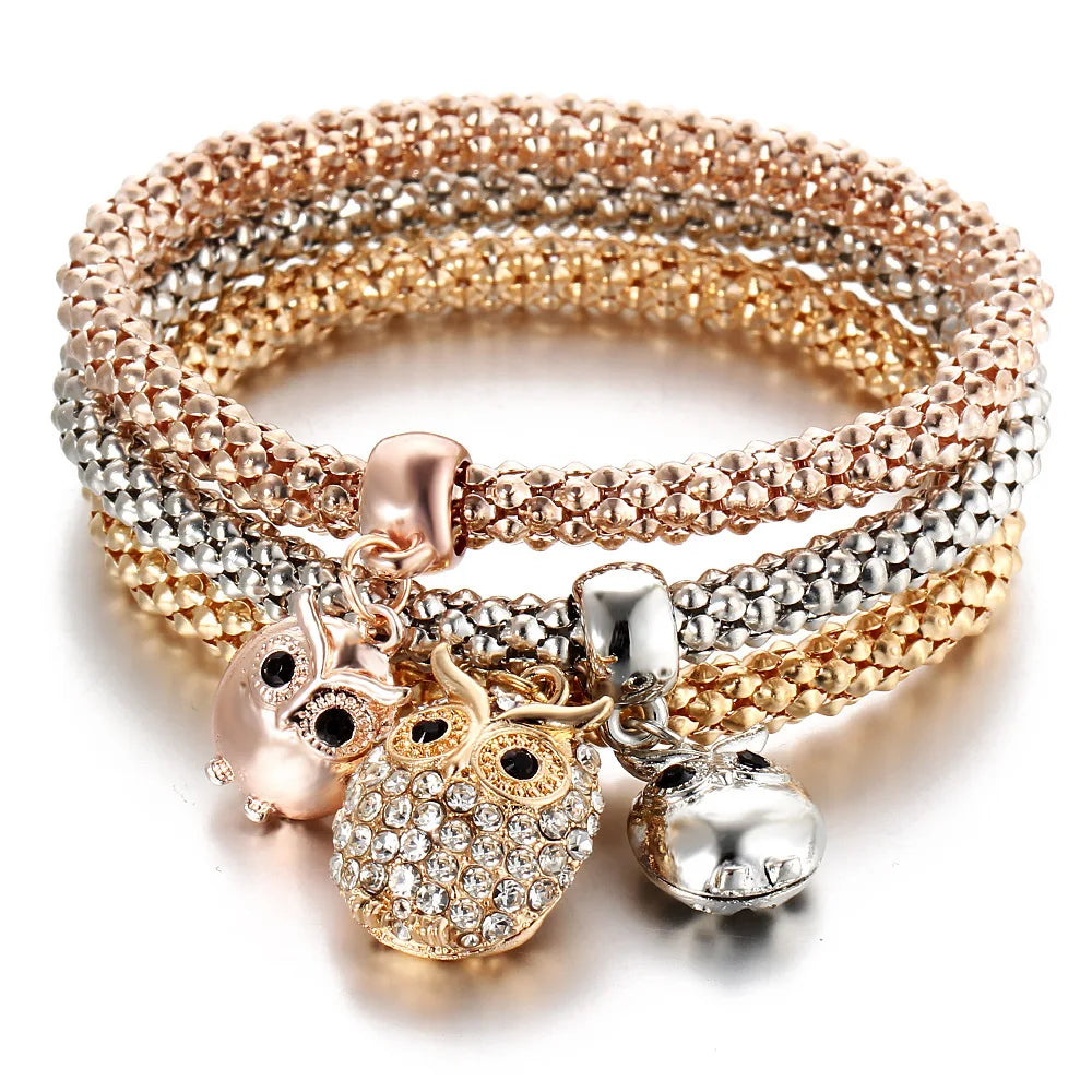 3colors/Lot Elastic Bracelets & Bangle For Women Crystal Tree of Life Owl Key lock Music Note Owl Butterfly Heart Charm Jewelry Vera Lux