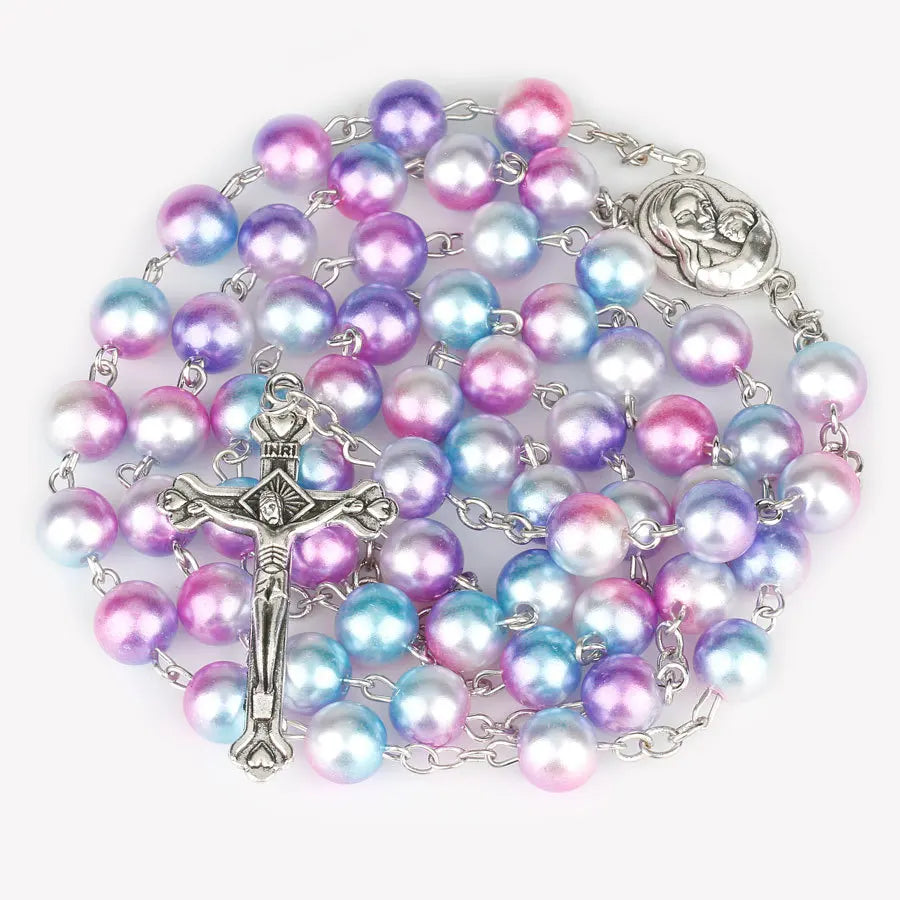 12 colors Religion Rosary necklace For Women Christian Virgin Mary Jesus Cross pendant Long beads chains Fashion Jewelry Gift Vera Lux
