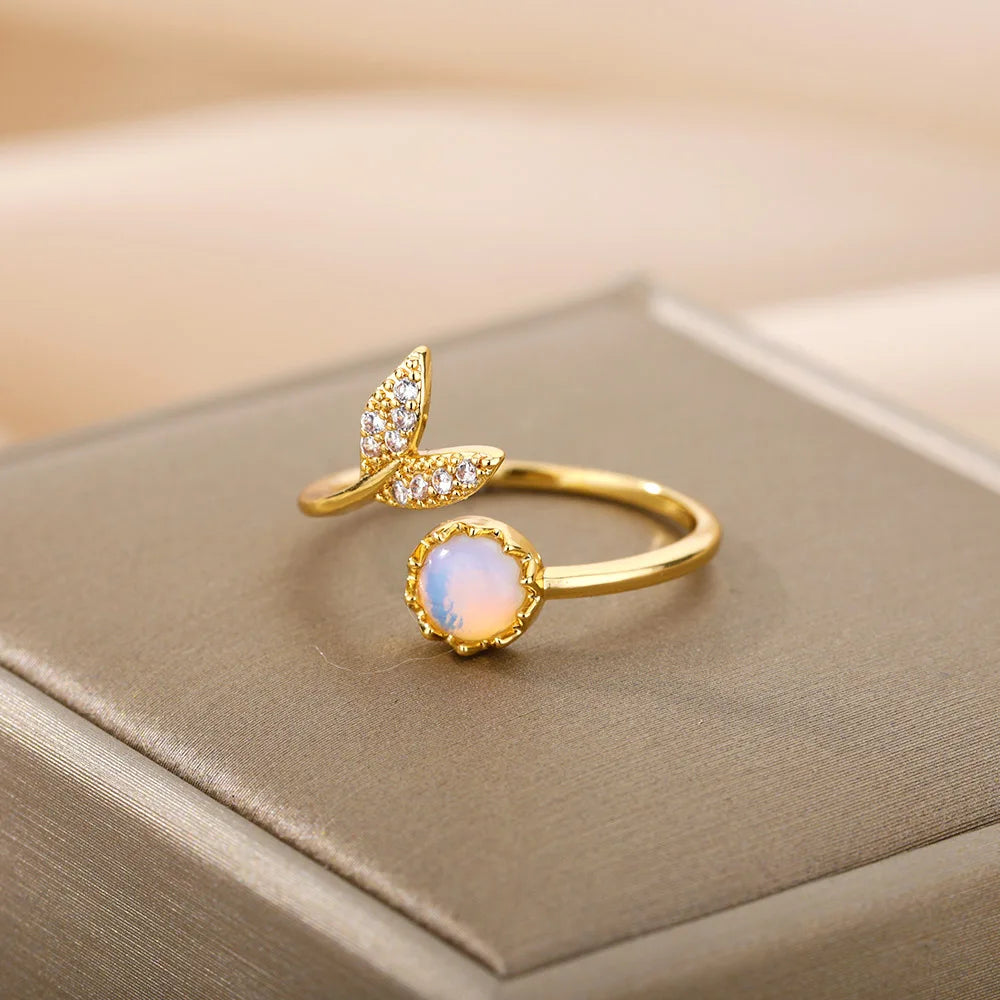 Fashion Leaves Opal Rings For Women Stainless Steel Opal Crystal Stone Leaves Finger Ring Engagement Bohemian Jewelry Gift Vera Lux