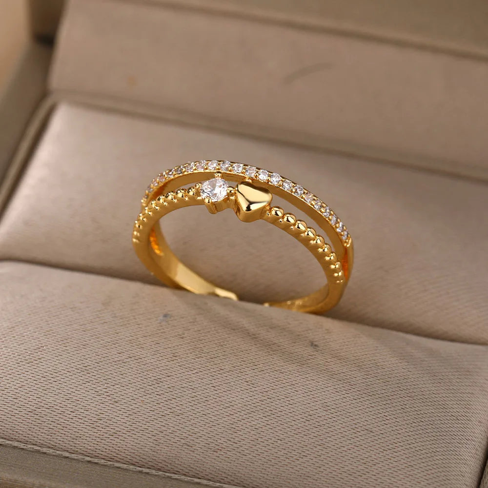 Zircon Heart Rings For Women Stainless Steel Gold Color  Double Heart Ring Wedding Engagement Jewelry Accessories Gift Bijoux Vera Lux