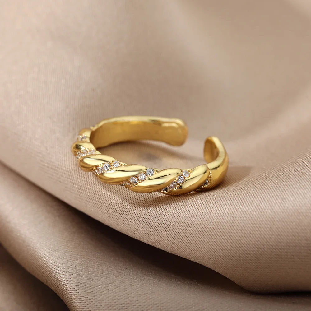 Zircon Twisted Rings For Women Punk Stainless Steel Gold Color Open Ring Geometric Finger Ring Hip Hop Charm Jewelry Gift Vera Lux