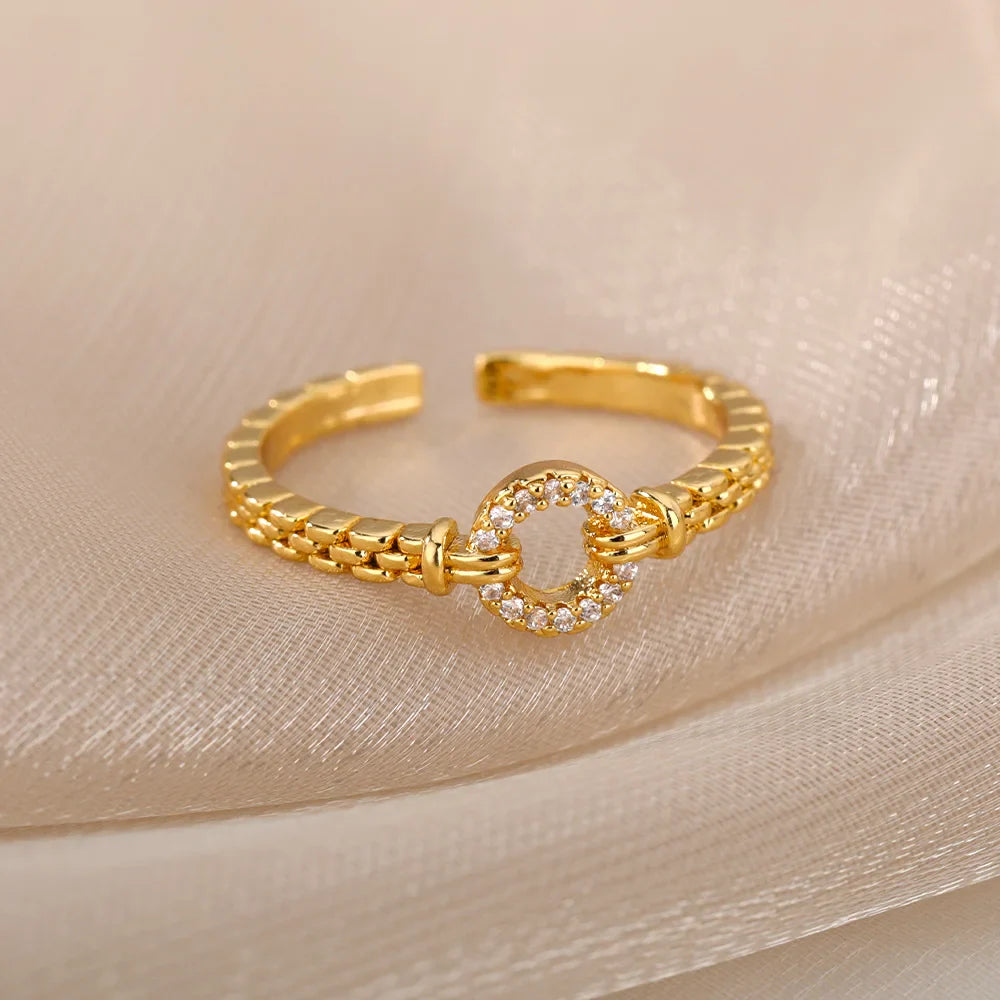 Zircon Round Rings For Women Punk Rock Chain Round Open Adjusted Stainless Steel Ring Accessories Jewelry Gift Bijoux Femme Vera Lux