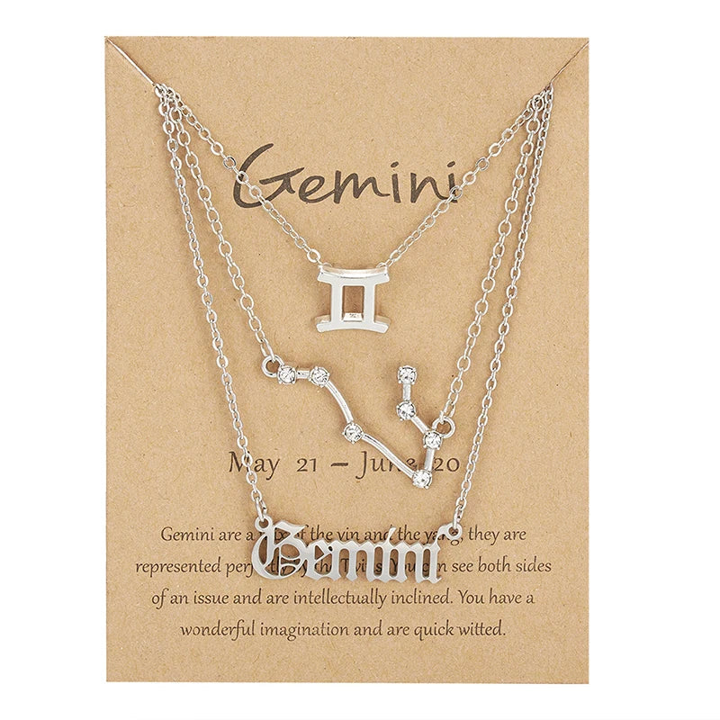 3Pcs/set 12 Zodiac Sign Necklace For Women 12 Constellation Pendant Chain Choker Birthday Jewelry With Cardboard Card Vera Lux