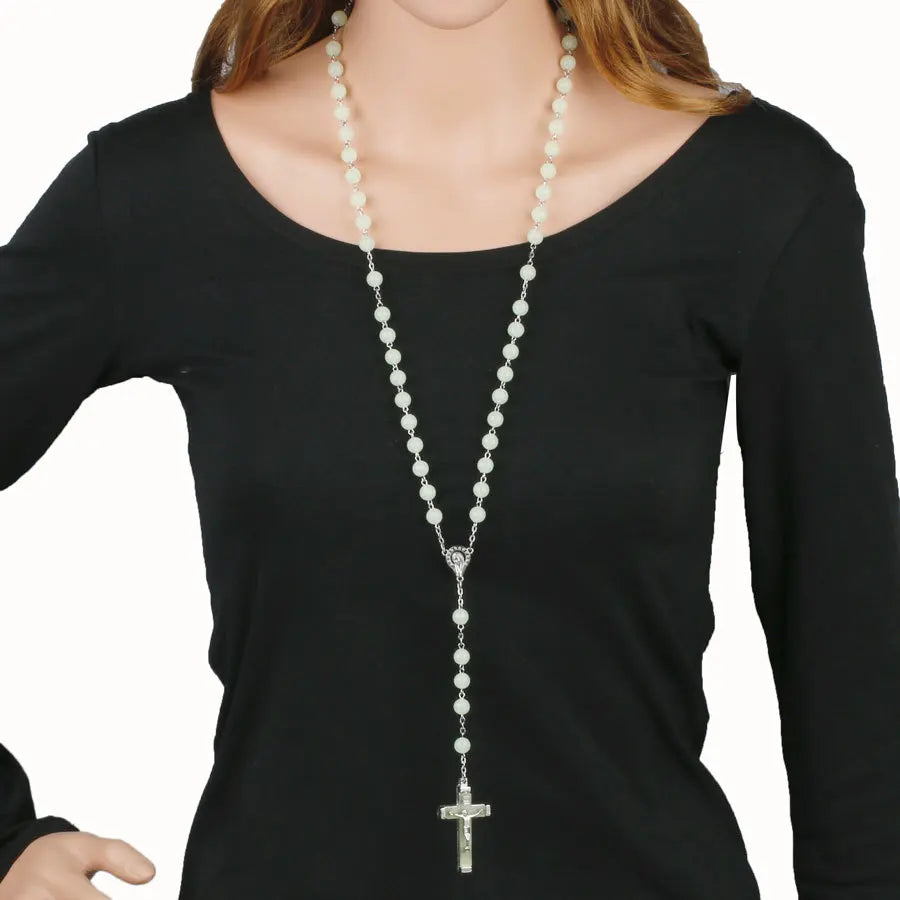 8MM Glow In The Dark Rosary Bead Chain Necklaces For Women INRI Crucifix Cross Pendant luminous Necklace Religious Jewelry Vera Lux