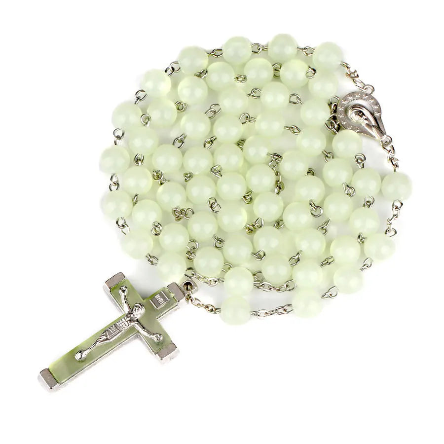 8MM Glow In The Dark Rosary Bead Chain Necklaces For Women INRI Crucifix Cross Pendant luminous Necklace Religious Jewelry Vera Lux