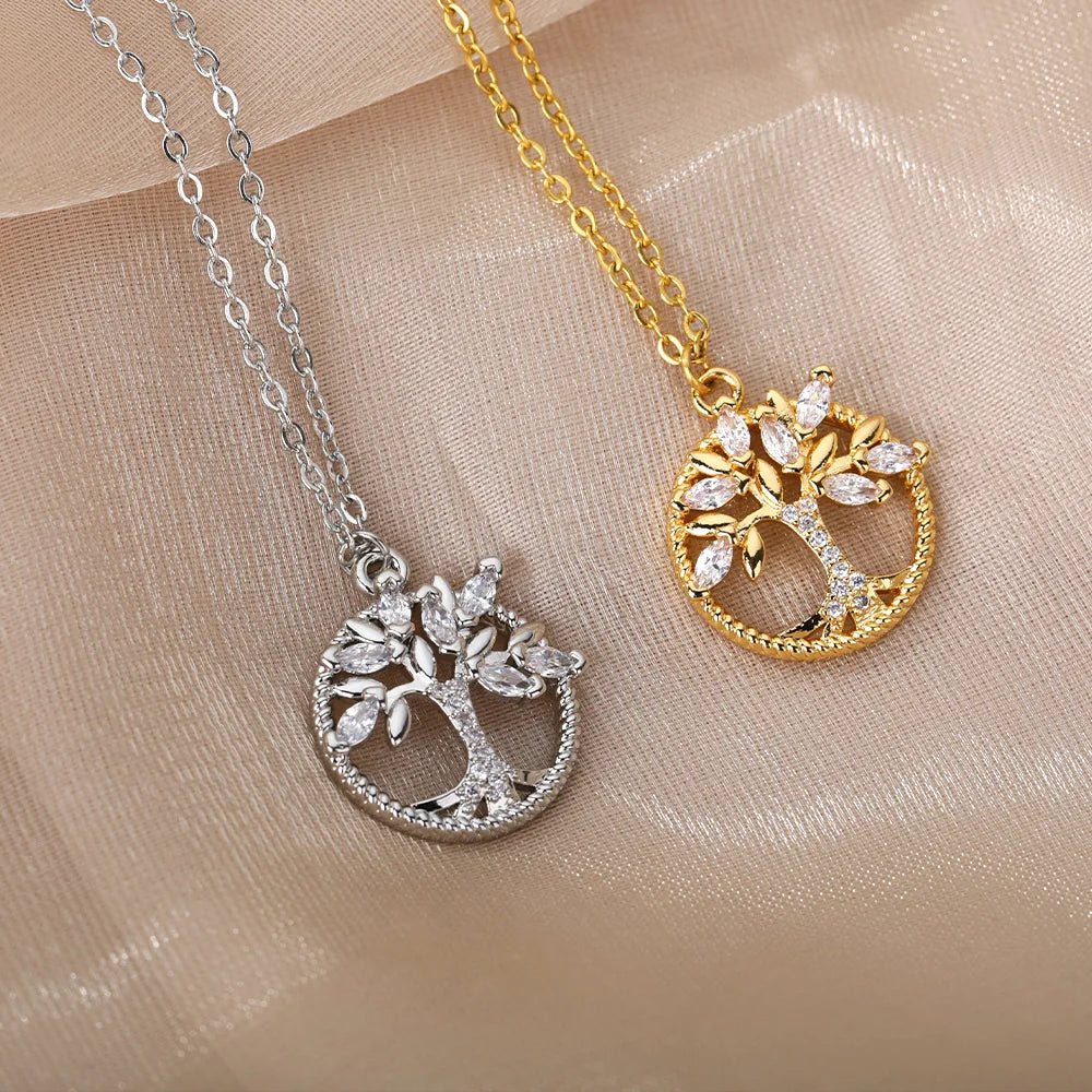Zircon Tree of Life Round Pendant Necklaces For Women Stainless Steel Chain Choker Rhinestone Collar Jewelry Gift Femme Vera Lux