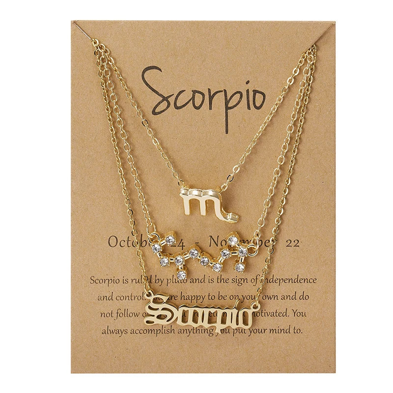 3Pcs/set 12 Zodiac Sign Necklace For Women 12 Constellation Pendant Chain Choker Birthday Jewelry With Cardboard Card Vera Lux