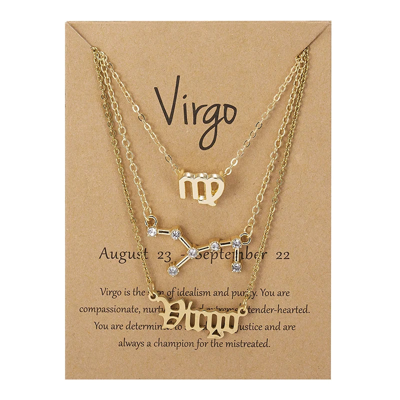 3Pcs/set 12 Zodiac Sign Necklace For Women 12 Constellation Pendant Chain Choker Birthday Jewelry With Cardboard Card Vera Lux