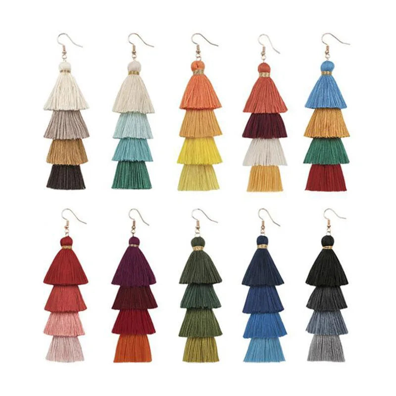 Bohemian 4 Layered Tassel Earrings For Women Ethnic Long Fringe Multi color Statement Dangle Earring GirlsFashion Jewelry Vera Lux