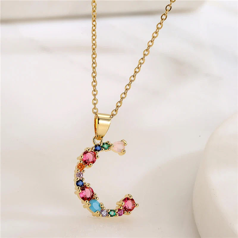 2024 New Hot Colourful Crystal AAA CZ 26 Capital Letters Pendant Necklace For Women Girl Gold Color Copper Initial Name Jewelry Vera Lux
