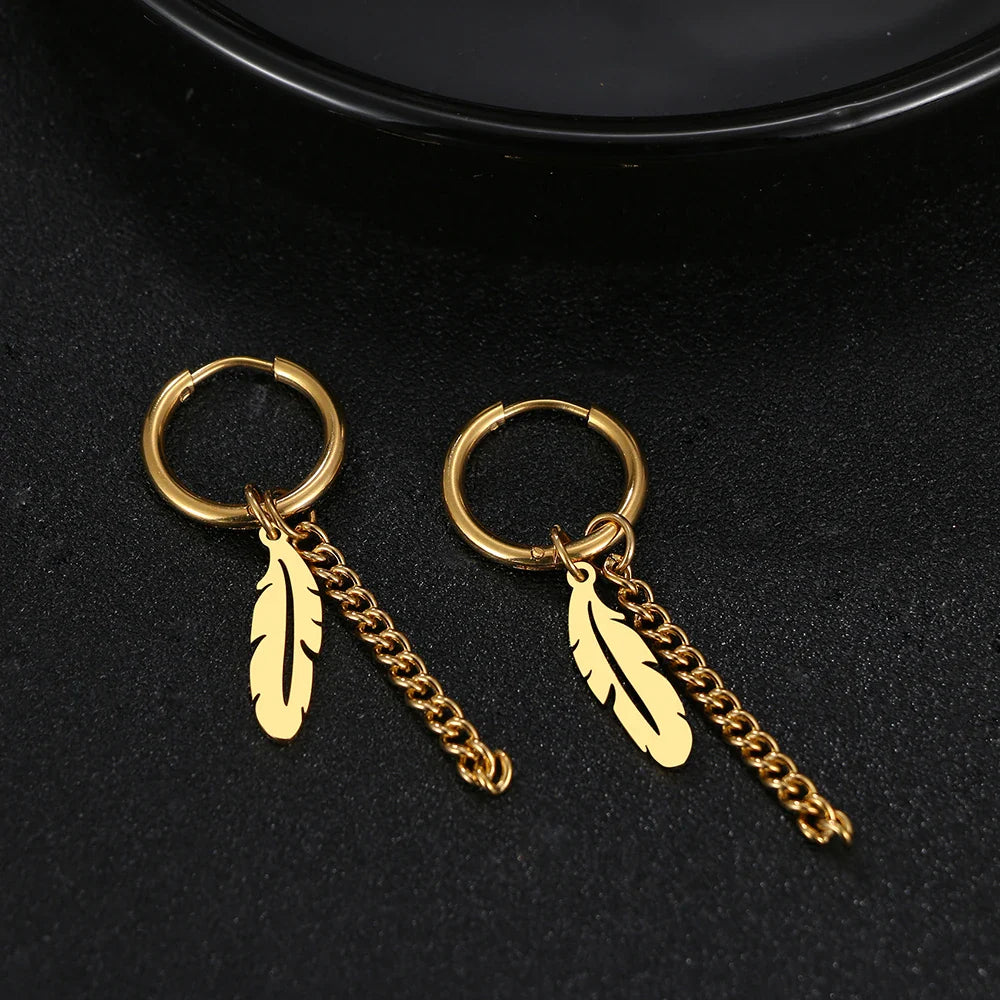 Stainless Steel Earrings Fashion Unisex Punk Gothic Feather Chain Hip Hop Pendants Gold Color Earrings For Women Jewelry Gifts Vera Lux