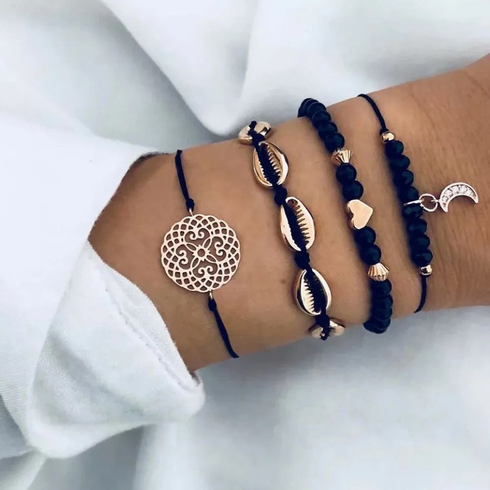 New Bohemian Black Rope Chain Bracelet Set For Women aircraft Shell Moon Heart crystal Charm Bangle Boho Jewelry Vera Lux