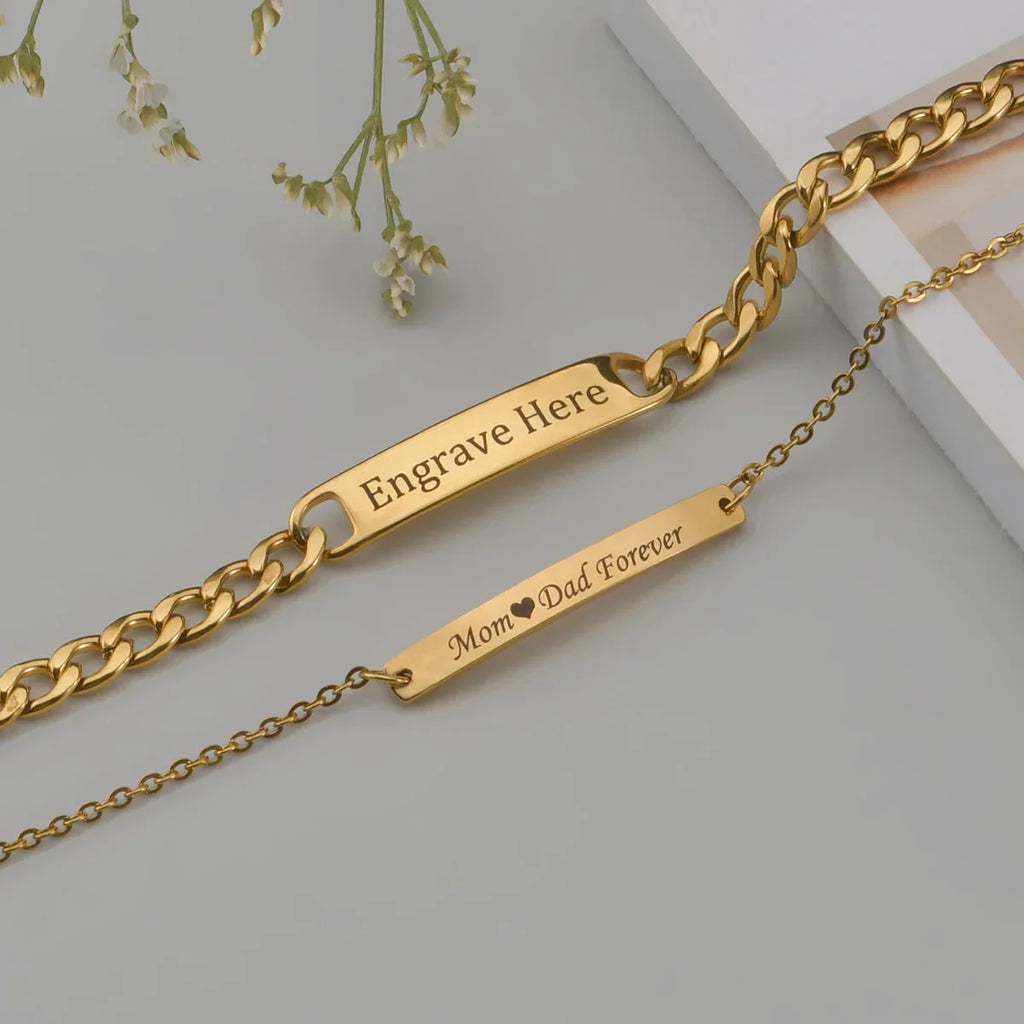 Akizoom Punk Engrave Name Custom Bracelets Gold Color Stainless Steel Thick Hand Chain Customized Couple Men Women Jewelry Gift Vera Lux