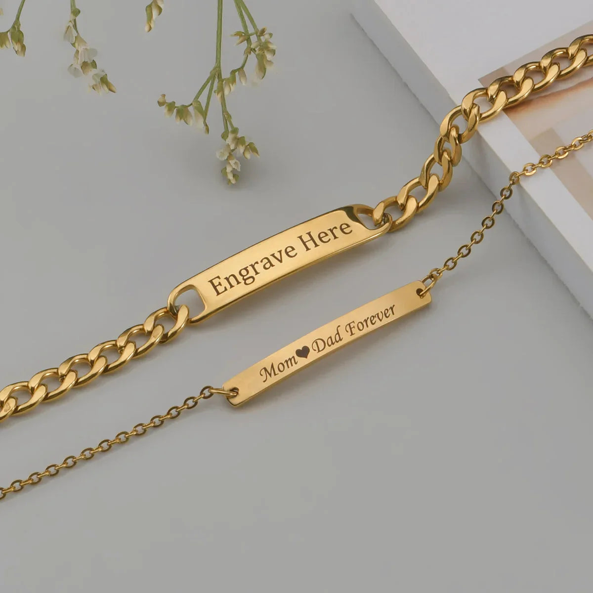 Akizoom Punk Engrave Name Custom Bracelets Gold Color Stainless Steel Thick Hand Chain Customized Couple Men Women Jewelry Gift Vera Lux