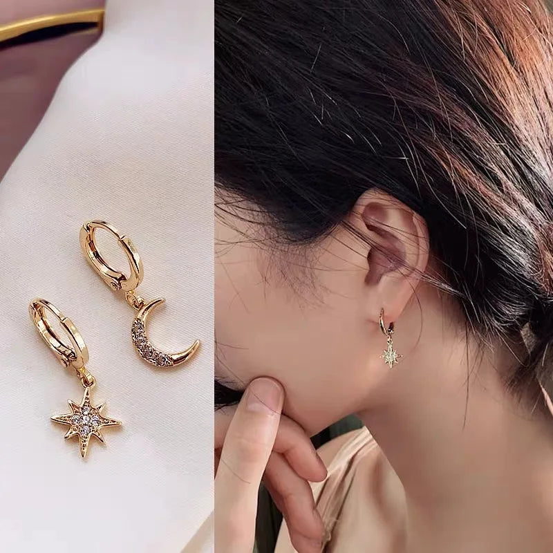 VENTFILLE 925 Sterling CZ Star Moon Asymmetric Hoop Earrings for Women Girls Gold Silver Color Party Jewelry Gifts Vera Lux