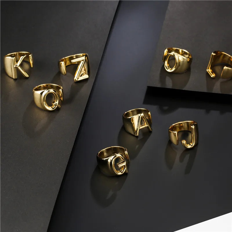 Hollow A-Z Letter Gold Color Metal Adjustable Opening Ring Initials Name Alphabet Female Party Chunky Wide Trendy Jewelry Vera Lux