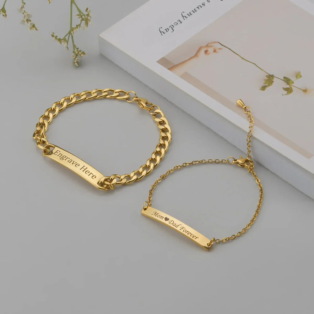 Akizoom Punk Engrave Name Custom Bracelets Gold Color Stainless Steel Thick Hand Chain Customized Couple Men Women Jewelry Gift Vera Lux