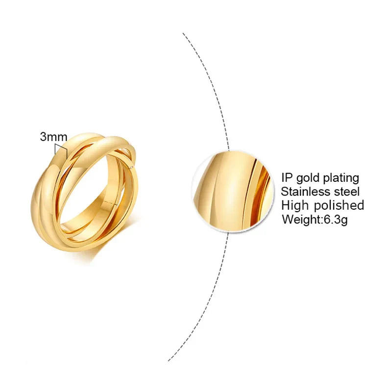 Charm Women Rings Triple Interlocked Rolling Ring Stainless Steel Gold Color Christmas Jewelry Vera Lux