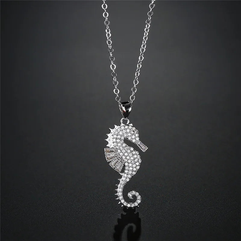 NEWBUY High Quality Copper Seahorse Pendant Necklace For Elegant Women Clear Cubic Zirconia Inlay Female Party Jewelry 4 Colors Vera Lux