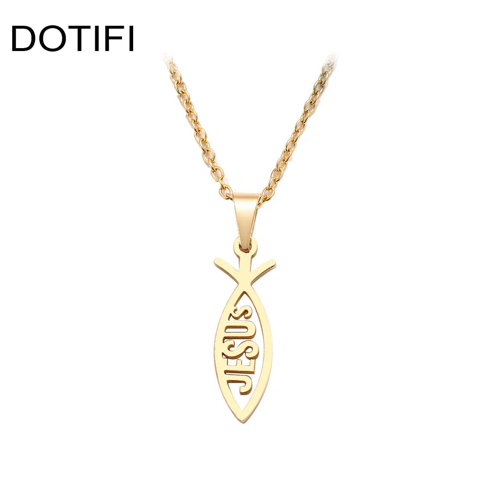 DOTIFI  Stainless Steel Necklace For Women Man Lover's Sharp Jesus Fish Shape Color Pendant Necklace Engagement Jewelry Vera Lux