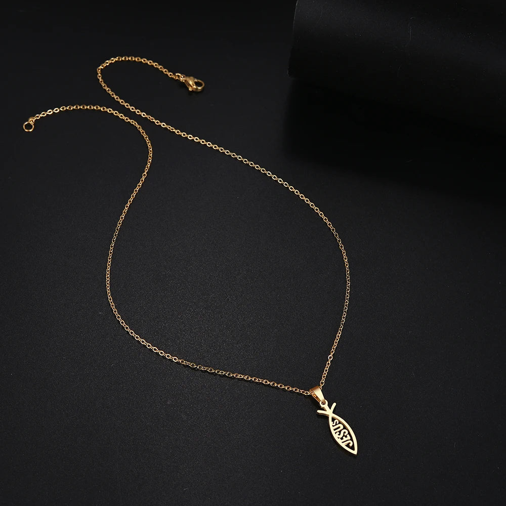 DOTIFI  Stainless Steel Necklace For Women Man Lover's Sharp Jesus Fish Shape Color Pendant Necklace Engagement Jewelry Vera Lux
