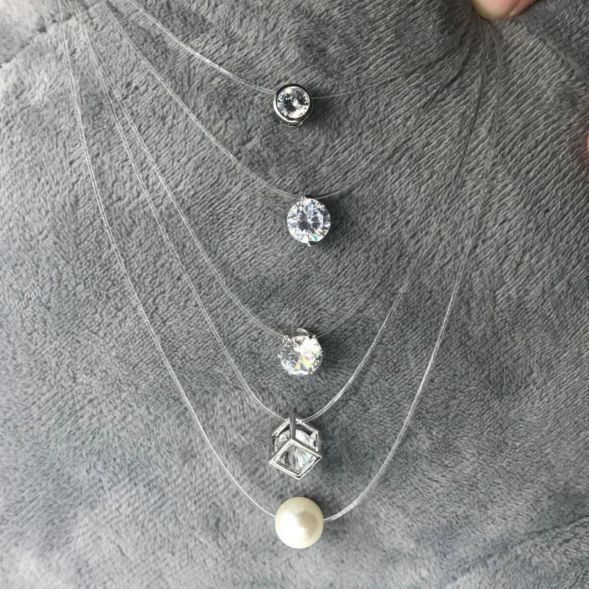 5 Colors Dazzling Zircon Necklace Invisible Transparent Fishing Line Simple Pendant Necklace Jewelry For Women Pearl Jewelry Vera Lux
