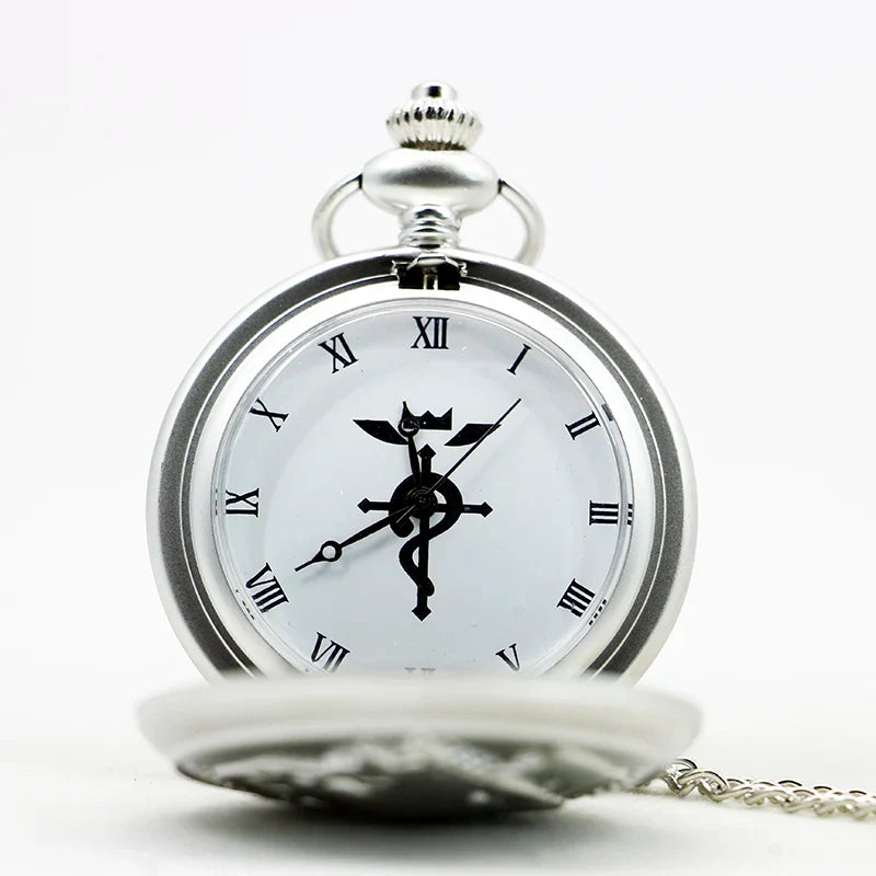 Antique Silver Fullmetal Alchemist Necklace Pendant Quartz Pocket Watch With Chain Gift Vera Lux