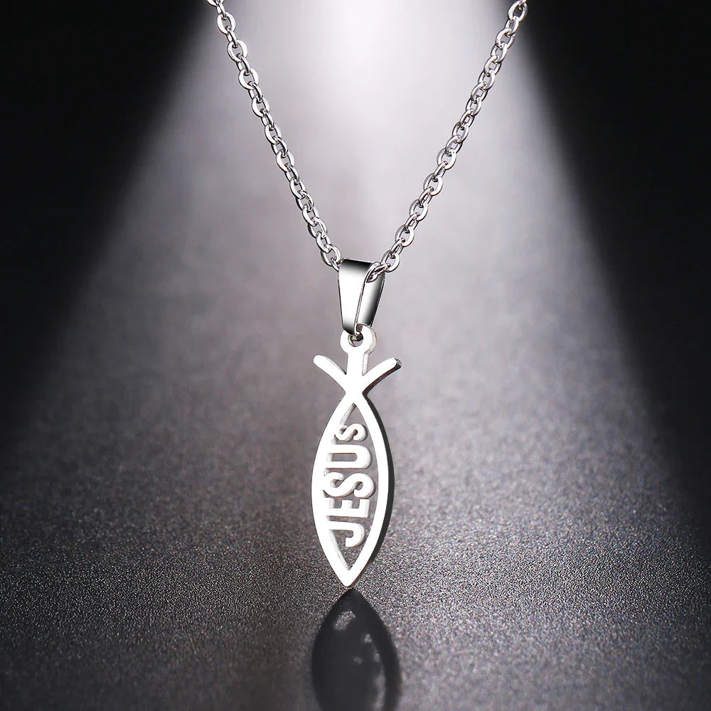 DOTIFI  Stainless Steel Necklace For Women Man Lover's Sharp Jesus Fish Shape Color Pendant Necklace Engagement Jewelry Vera Lux