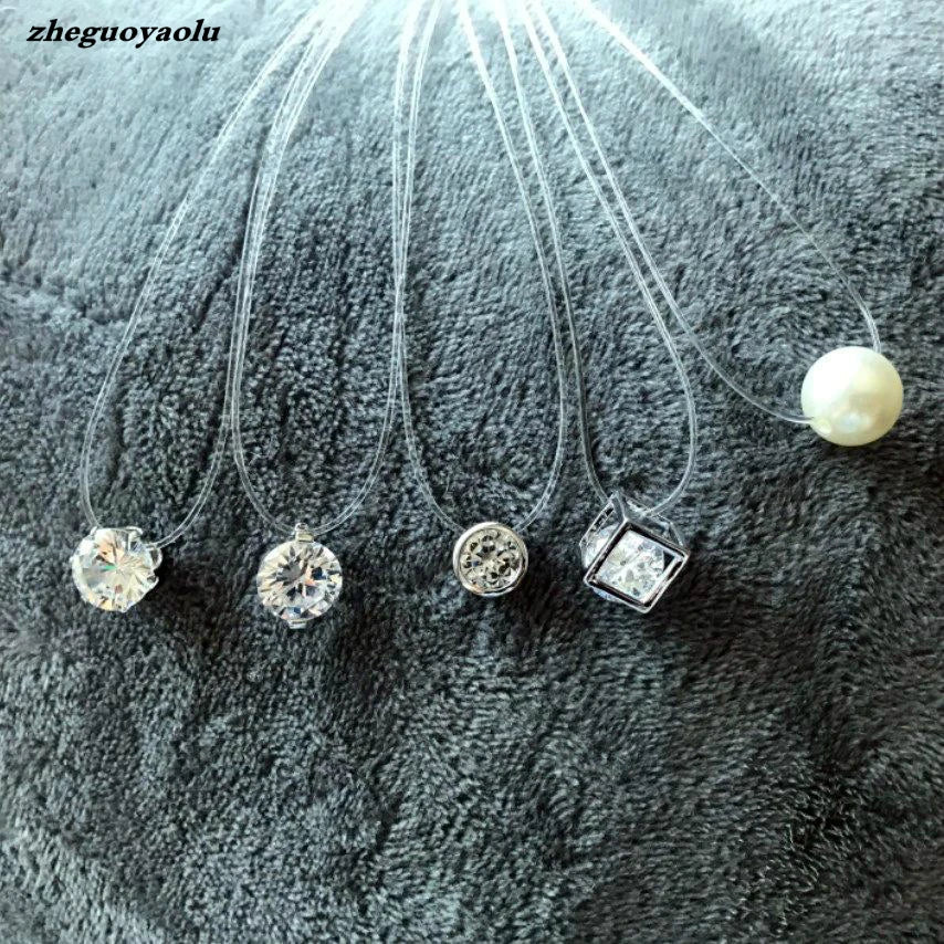 5 Colors Dazzling Zircon Necklace Invisible Transparent Fishing Line Simple Pendant Necklace Jewelry For Women Pearl Jewelry Vera Lux