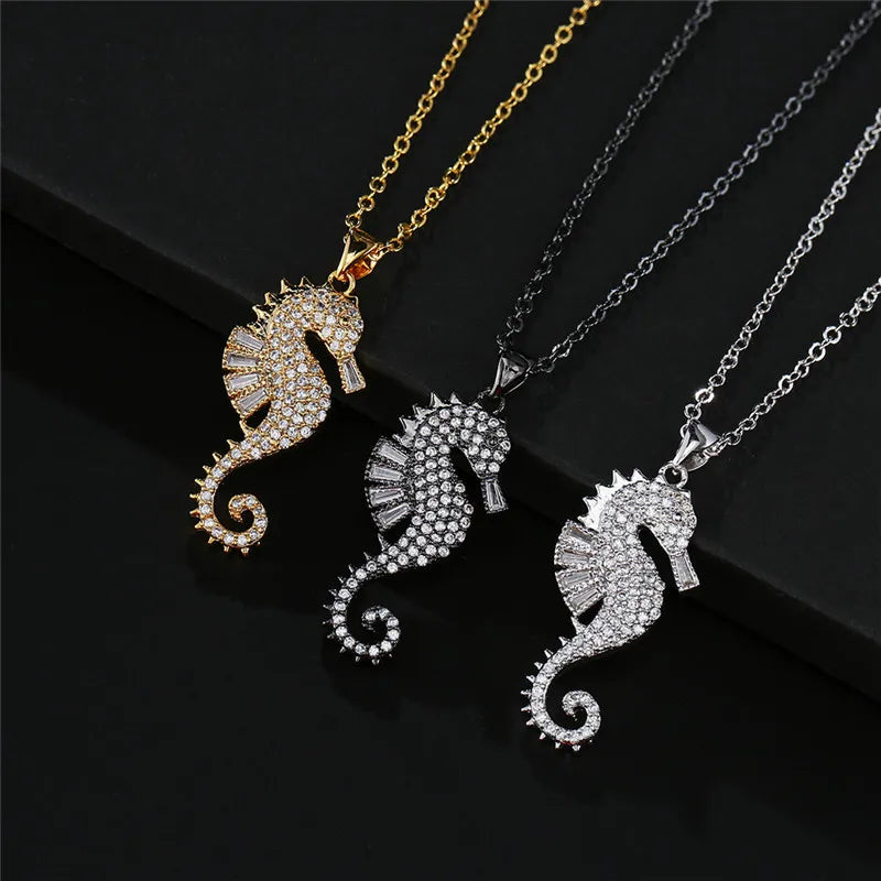 NEWBUY High Quality Copper Seahorse Pendant Necklace For Elegant Women Clear Cubic Zirconia Inlay Female Party Jewelry 4 Colors Vera Lux