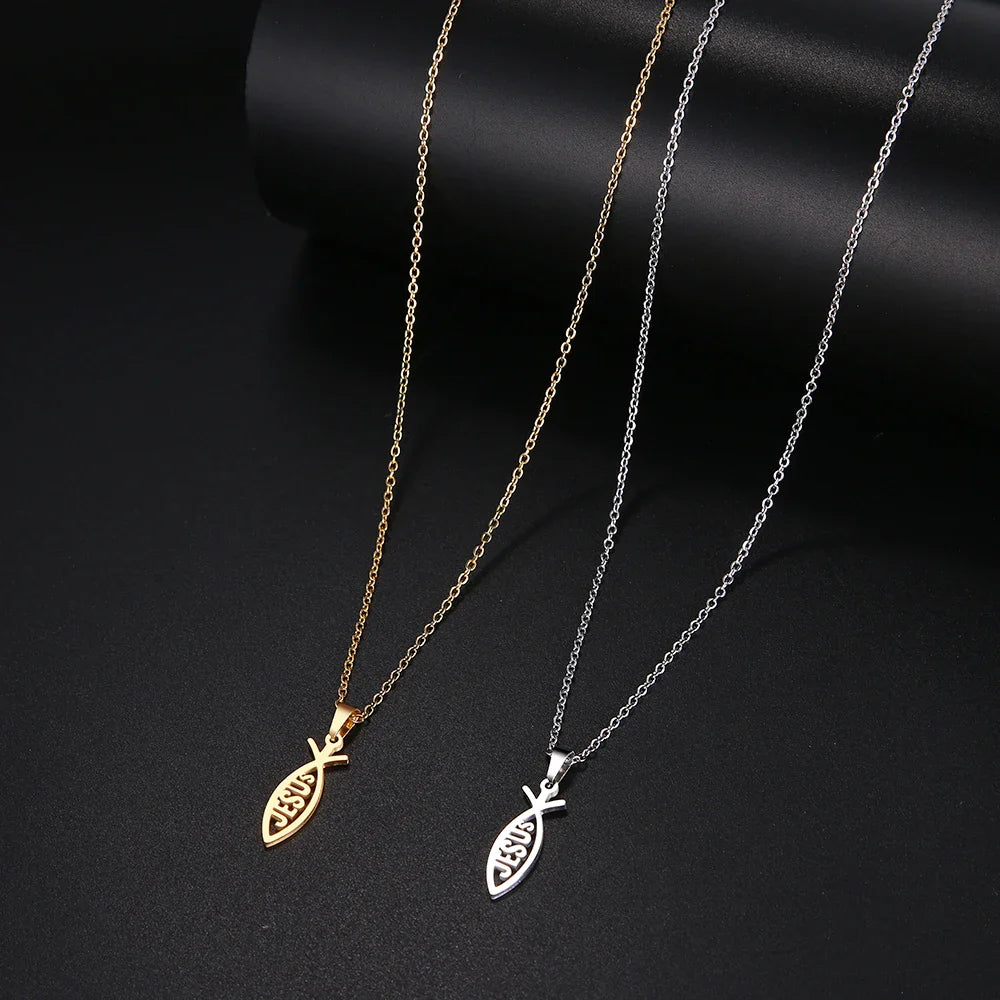 DOTIFI  Stainless Steel Necklace For Women Man Lover's Sharp Jesus Fish Shape Color Pendant Necklace Engagement Jewelry Vera Lux
