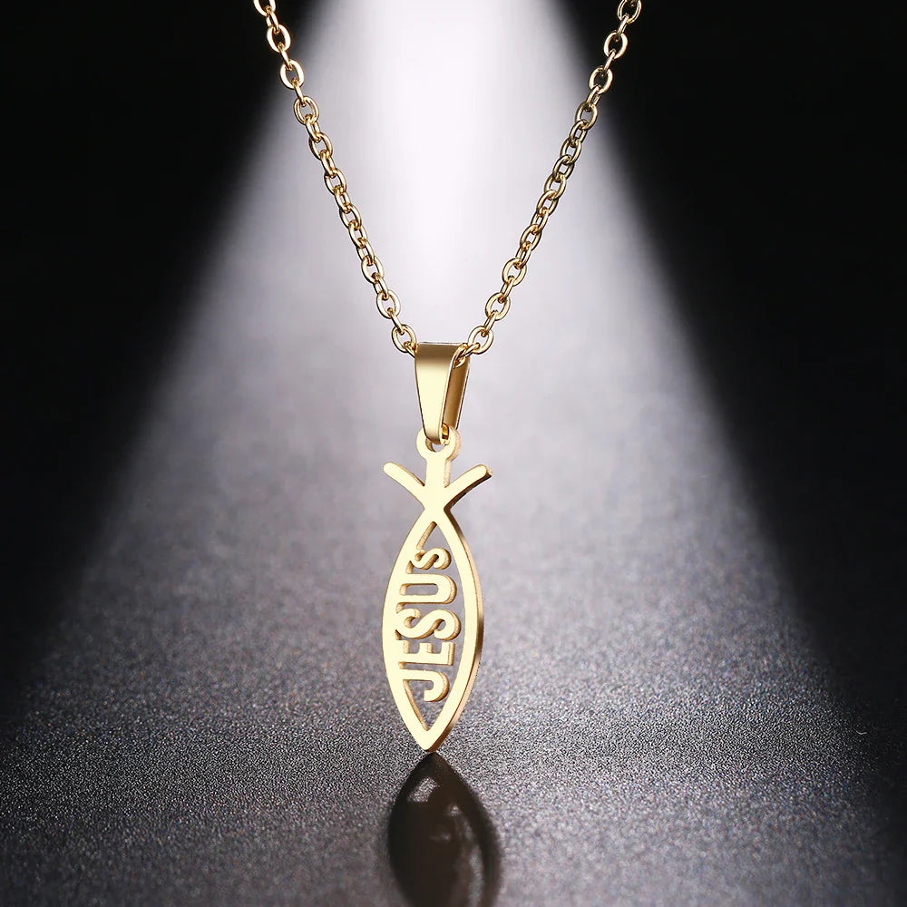 DOTIFI  Stainless Steel Necklace For Women Man Lover's Sharp Jesus Fish Shape Color Pendant Necklace Engagement Jewelry Vera Lux