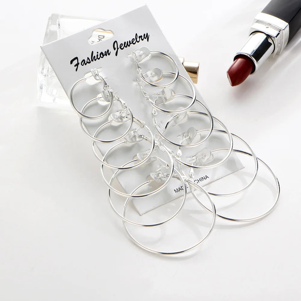 New 6 Pairs/set Hoop Earrings Gold Silver color Small Big Circle Earring Set for Women Simple Punk Ear Clip 2019 Fashion Jewelry Vera Lux