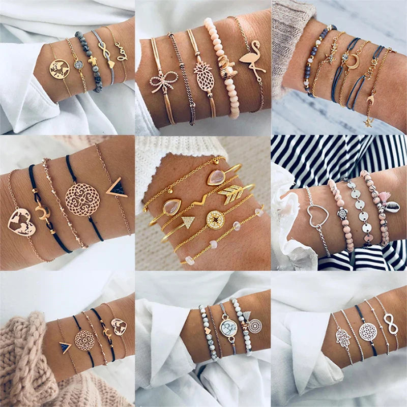 Boho Bangle For women Turtle Elephant Heart Shell Star Moon Bow Arrow Map Crystal Charm Bead Bracelet Set Bohemian Jewelry Vera Lux