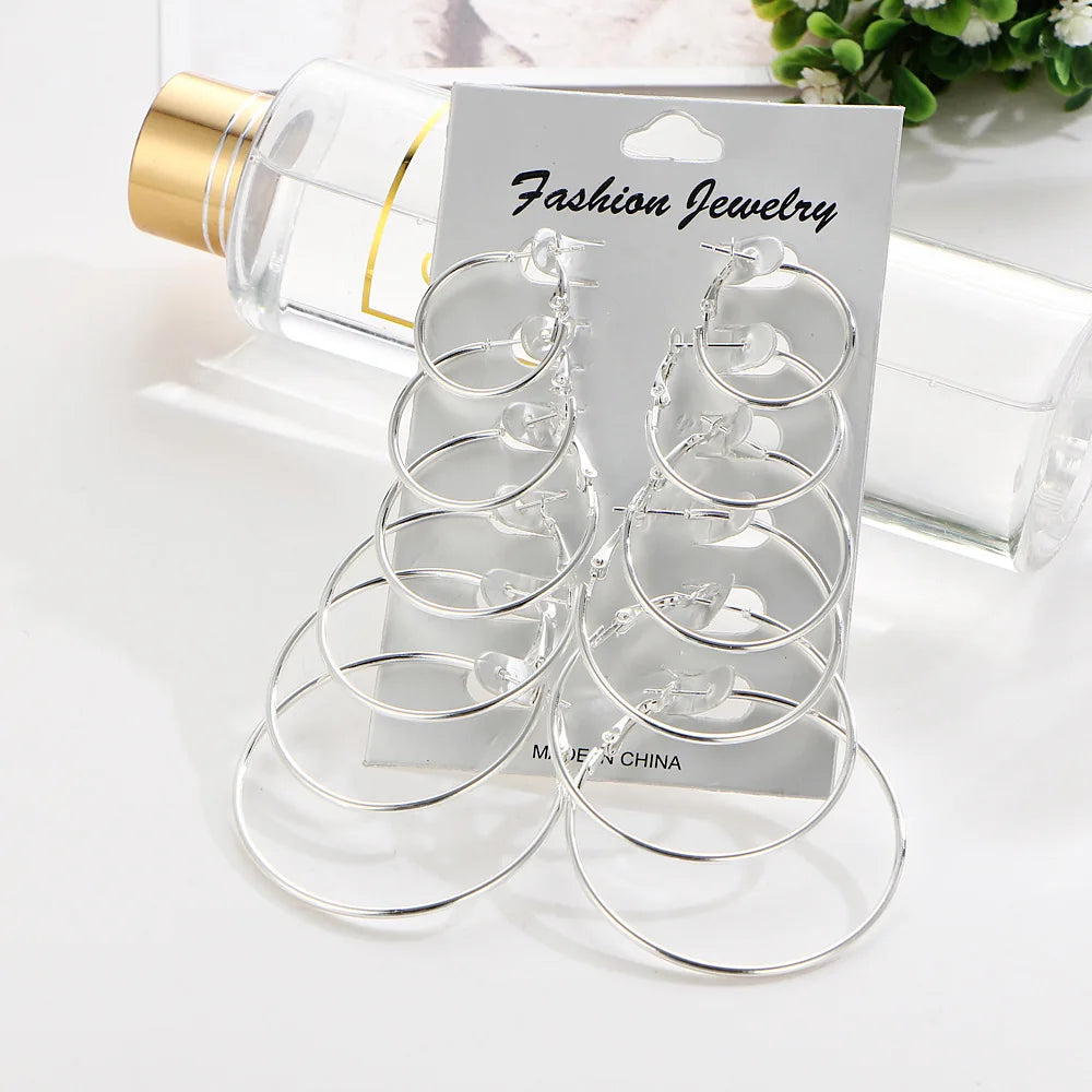 New 6 Pairs/set Hoop Earrings Gold Silver color Small Big Circle Earring Set for Women Simple Punk Ear Clip 2019 Fashion Jewelry Vera Lux