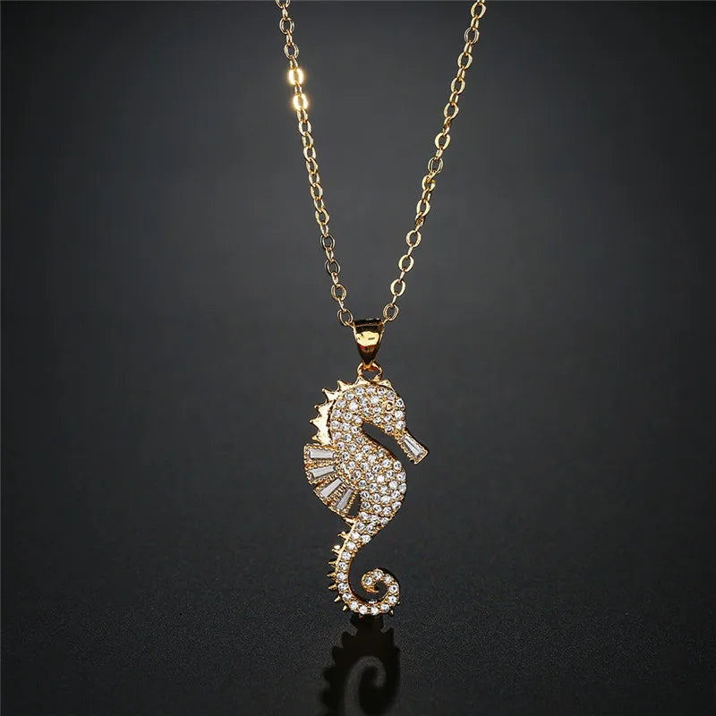 NEWBUY High Quality Copper Seahorse Pendant Necklace For Elegant Women Clear Cubic Zirconia Inlay Female Party Jewelry 4 Colors Vera Lux
