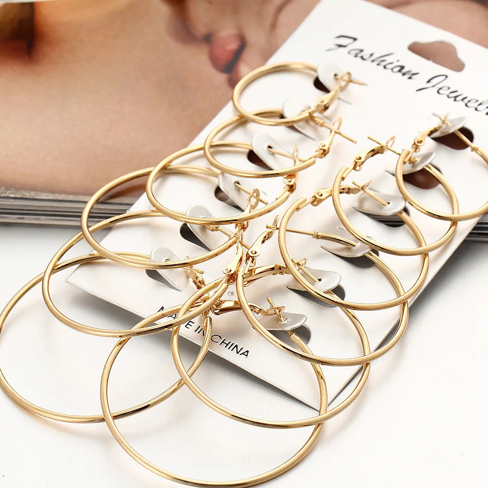 New 6 Pairs/set Hoop Earrings Gold Silver color Small Big Circle Earring Set for Women Simple Punk Ear Clip 2019 Fashion Jewelry Vera Lux