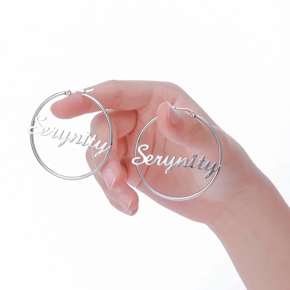 Sipuris Stainless Steel Personalized Customize Name Hoop Earrings Jewelry For Women Girls Circle Earring Fashion 30-60 MM Vera Lux