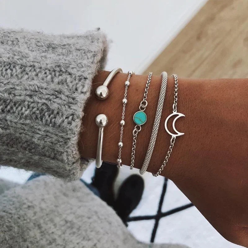 Fashion Geometric Stone Charm Bracelet Set For Women Retro Silver Color Moon Wrist Chain Open Bangle Lady Trendy Boho Jewelry Vera Lux