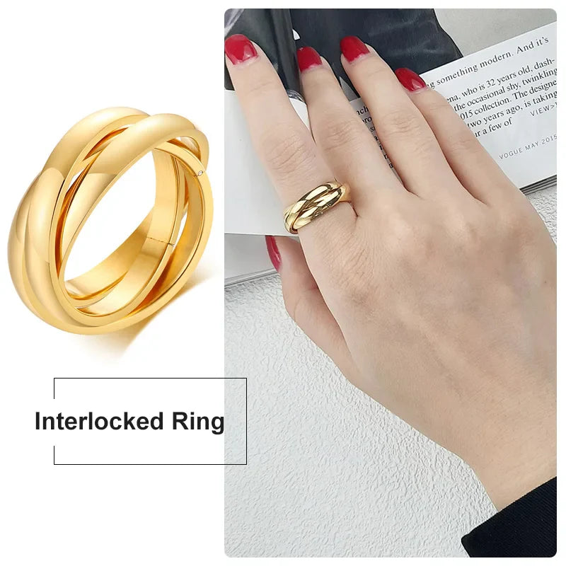 Charm Women Rings Triple Interlocked Rolling Ring Stainless Steel Gold Color Christmas Jewelry Vera Lux