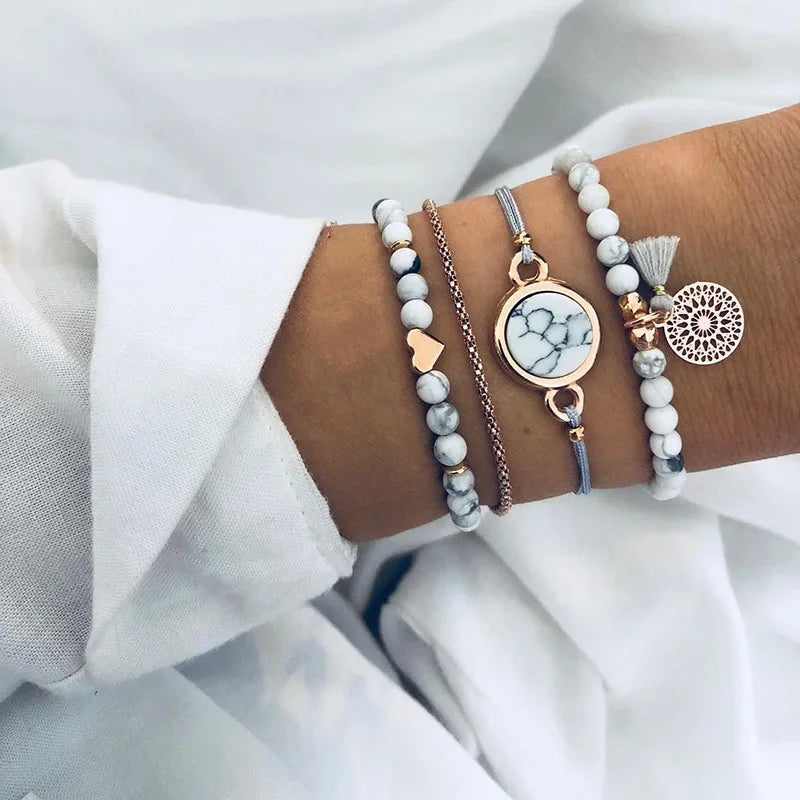 4pcs/Set Bohemian Stone beads chains bracelets Set For Women Metal Heart Round Tassel charm Bangle Fashion Jewelry Vera Lux