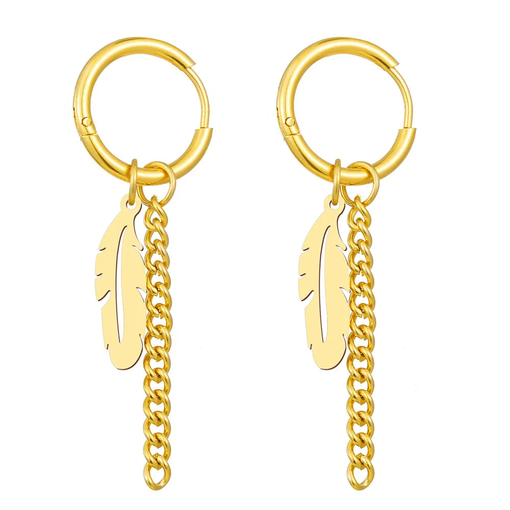 Stainless Steel Earrings Fashion Unisex Punk Gothic Feather Chain Hip Hop Pendants Gold Color Earrings For Women Jewelry Gifts Vera Lux