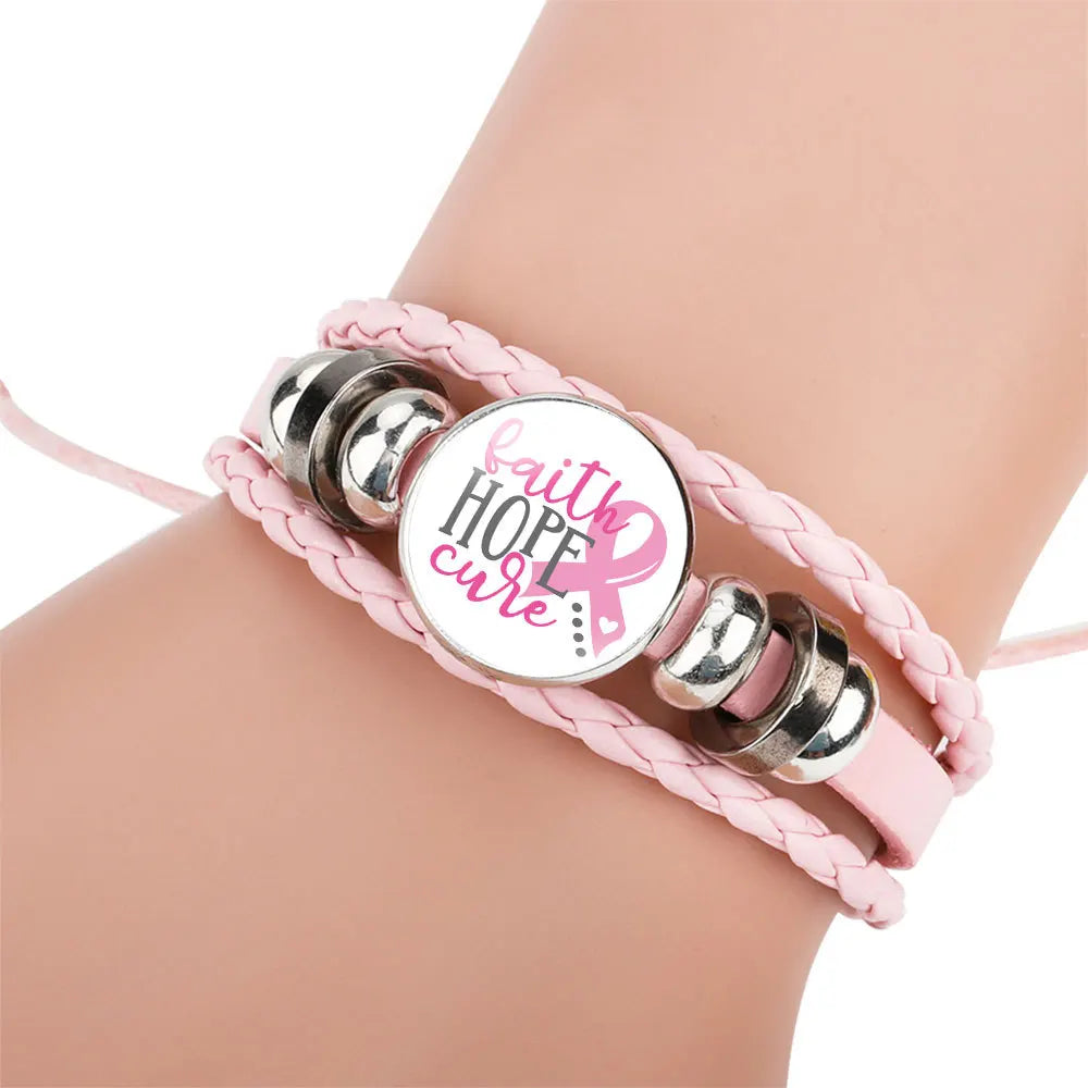 Breast Cancer Awareness Hope Bracelet For Women Pink Ribbon charm Braided leather Rope Wrap Bangle Fashion handmade Jewelry Vera Lux