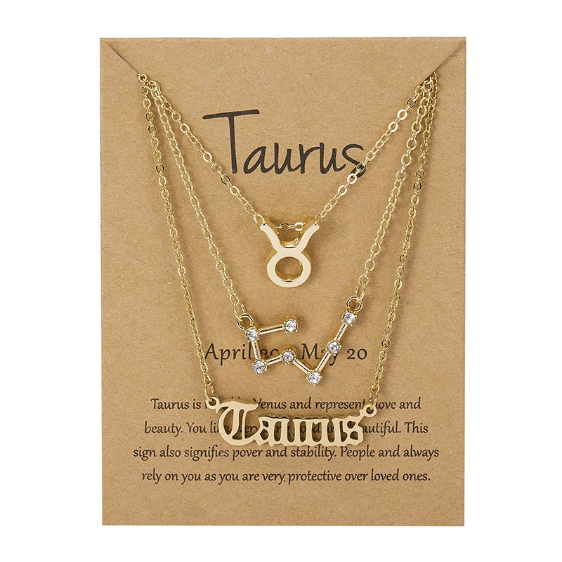 3Pcs/set 12 Zodiac Sign Necklace For Women 12 Constellation Pendant Chain Choker Birthday Jewelry With Cardboard Card Vera Lux